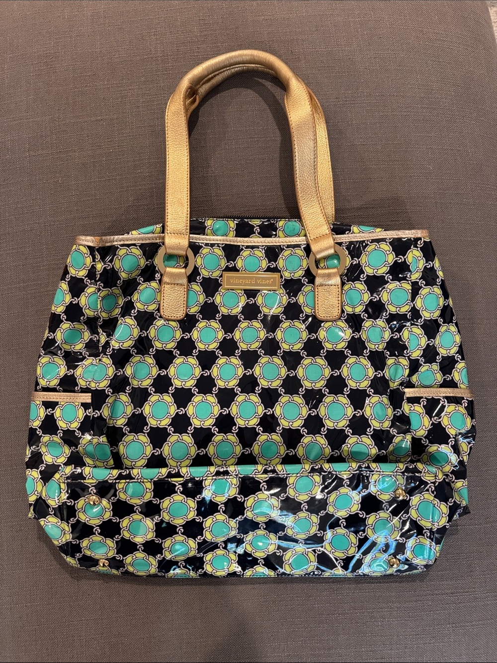 Vineyard Vines Navy Tote with Aqua & Green Circular Print and Gold Handles
